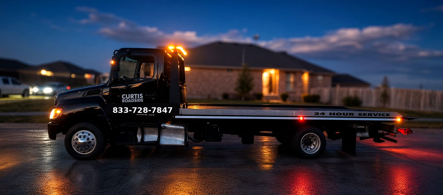 Curtis Roadside flatbed tow truck with amber lights on a wet street at dusk