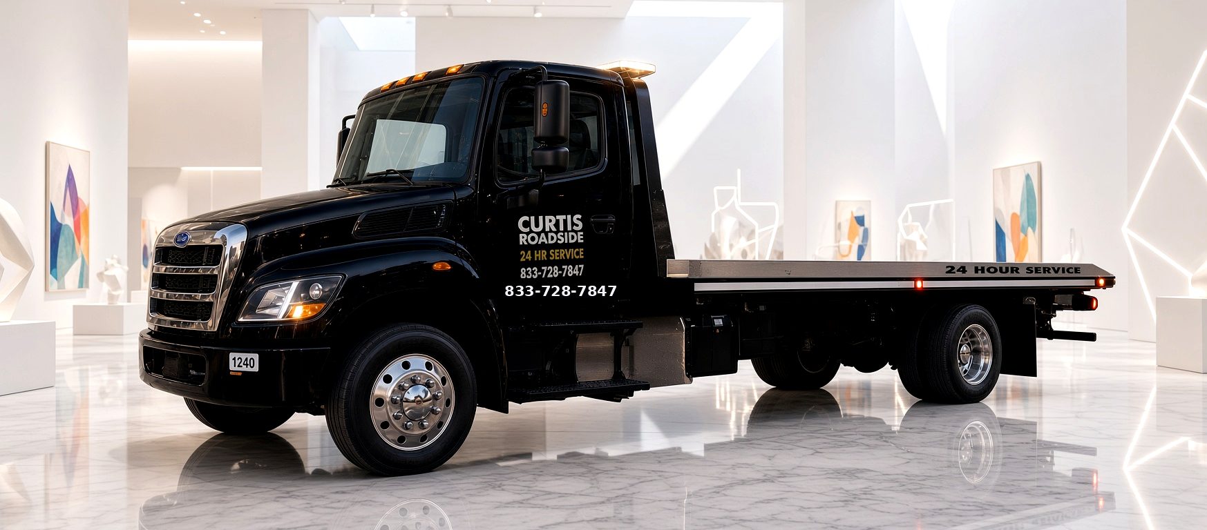 Curtis Roadside black flatbed tow truck, front three-quarter view